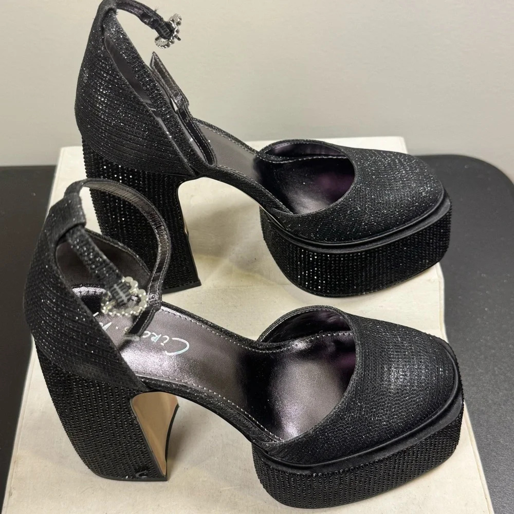 Circus by Sam Edelman Black Glitter Platform Ankle-Strap Heels - Picture 3 of 16